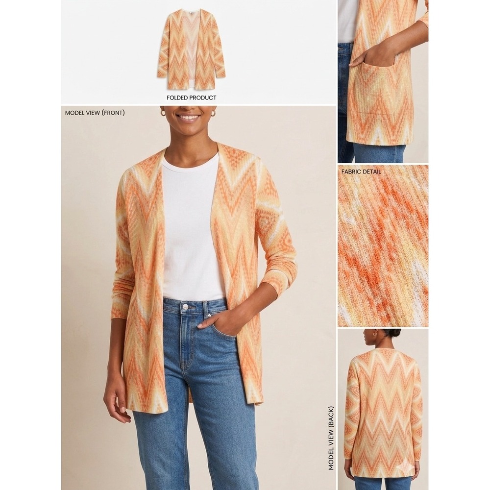 Chico's Cardigan Women 1 Medium Orange Chevron Ikat Open Front Lightweight‎ Knit